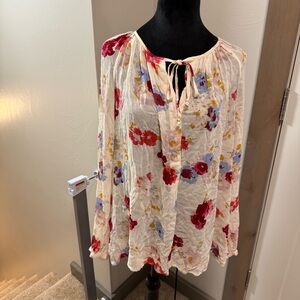 Lucky Brand Floral Flowy Tunic Top Blouse Lightweight Sheer Tie Neck Boho XL